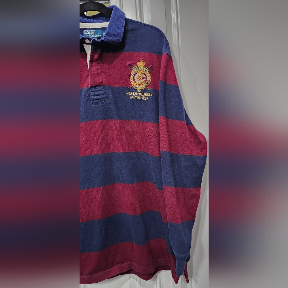 Polo Ralph Lauren New York 1967 rugby wine and navy Striped Shirt Men's XL - Picture 3 of 6